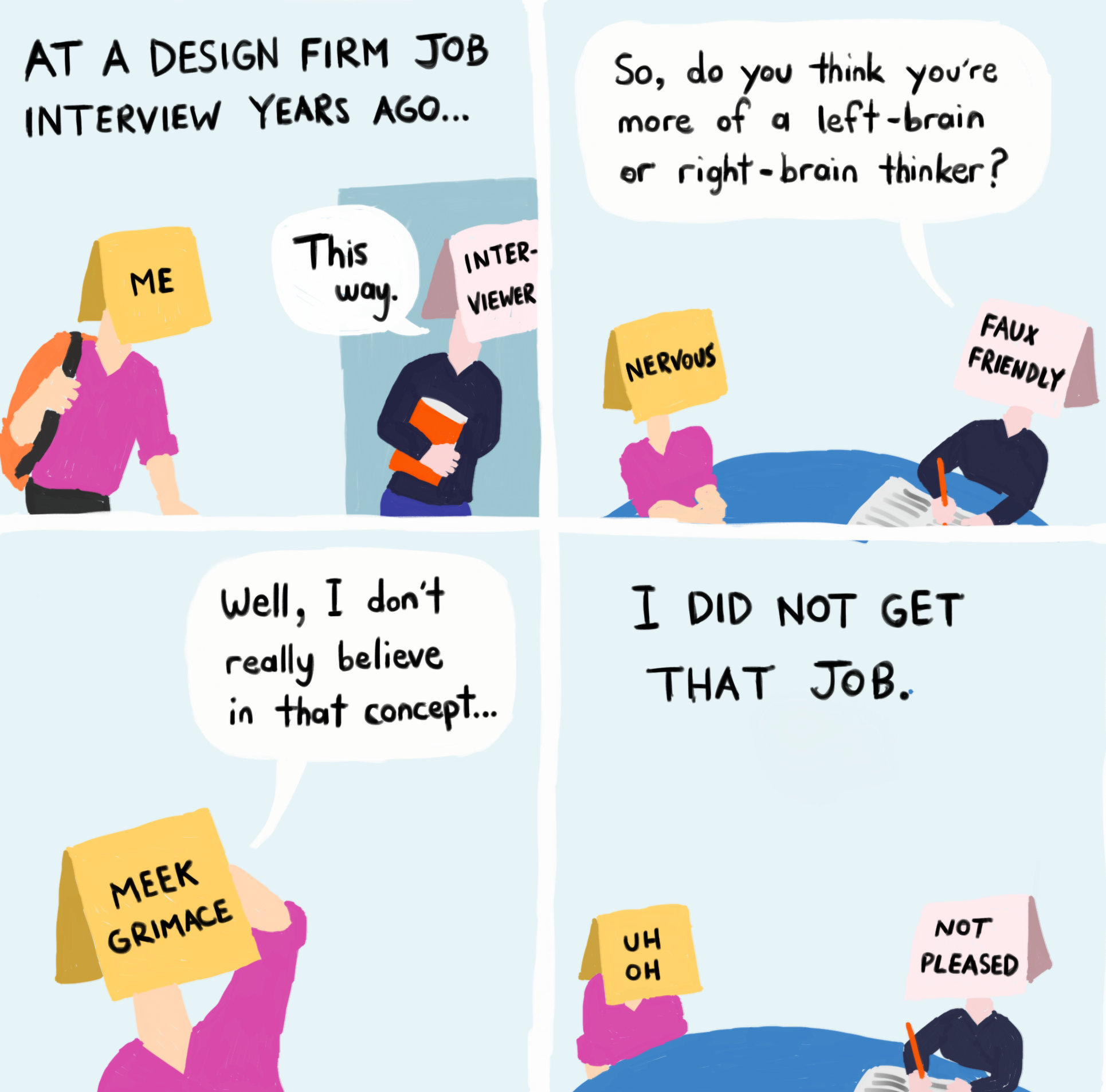 A four-panel coming showing the author going to a design job interview, being asked if he's left or right brained, him admitting he doesn't believe in the concept, and then him not getting the job