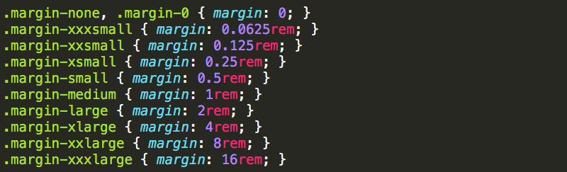 Screenshot of a text editor showing the CSS classes for margin small, medium, large, etc.