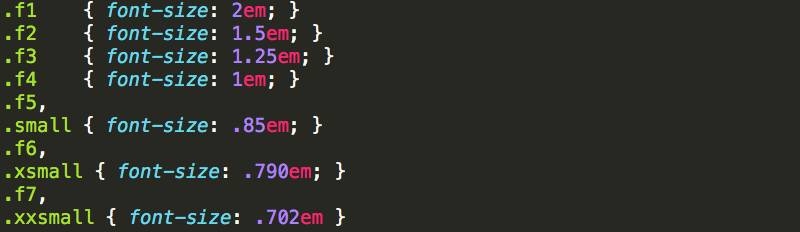 Screenshot of a text editor showing the CSS classes for f1, f2, f3, etc. that represent different font sizes