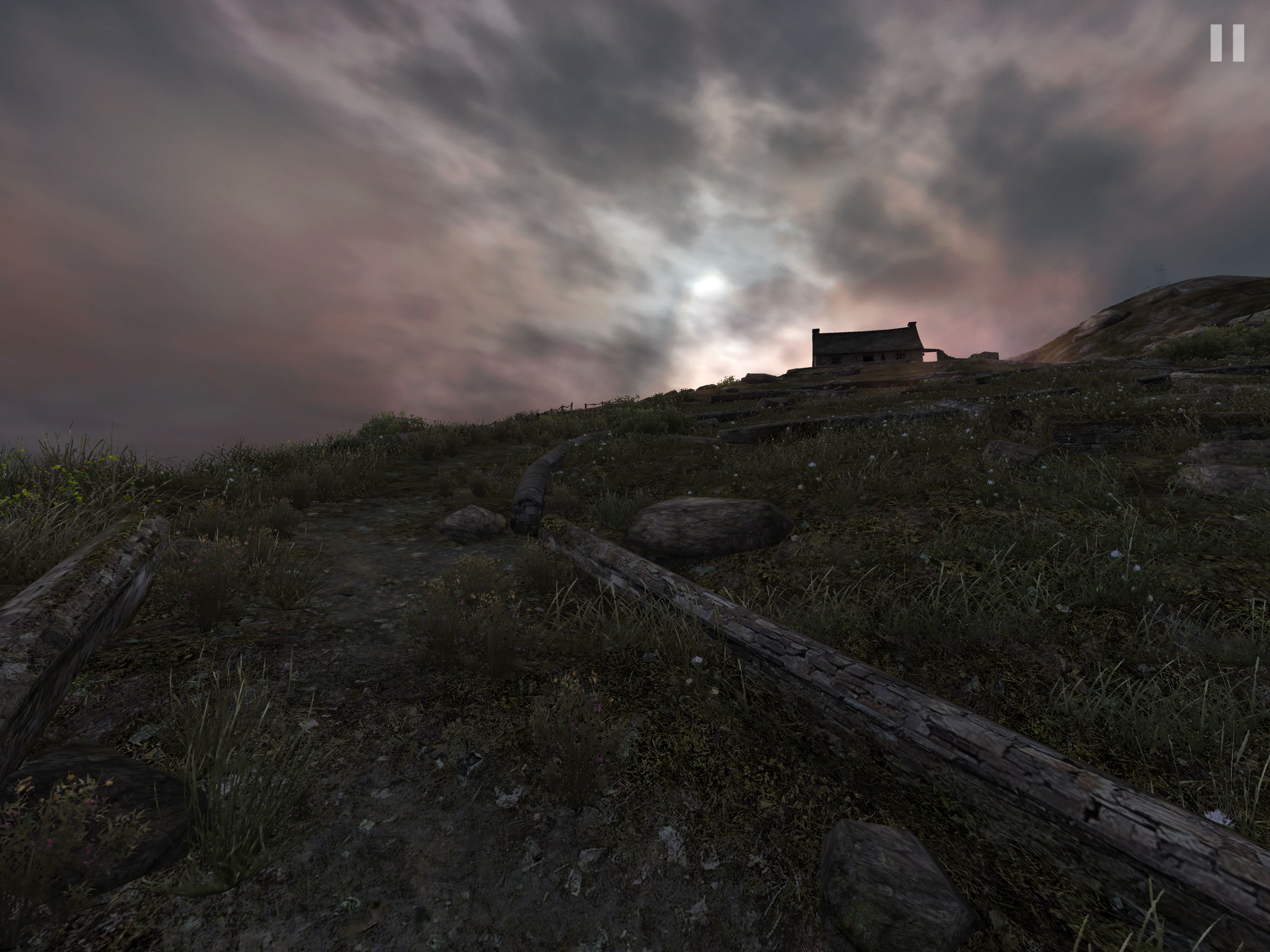 A 3D rendered view a grassy hill as night approaches and there's a small house in the distance
