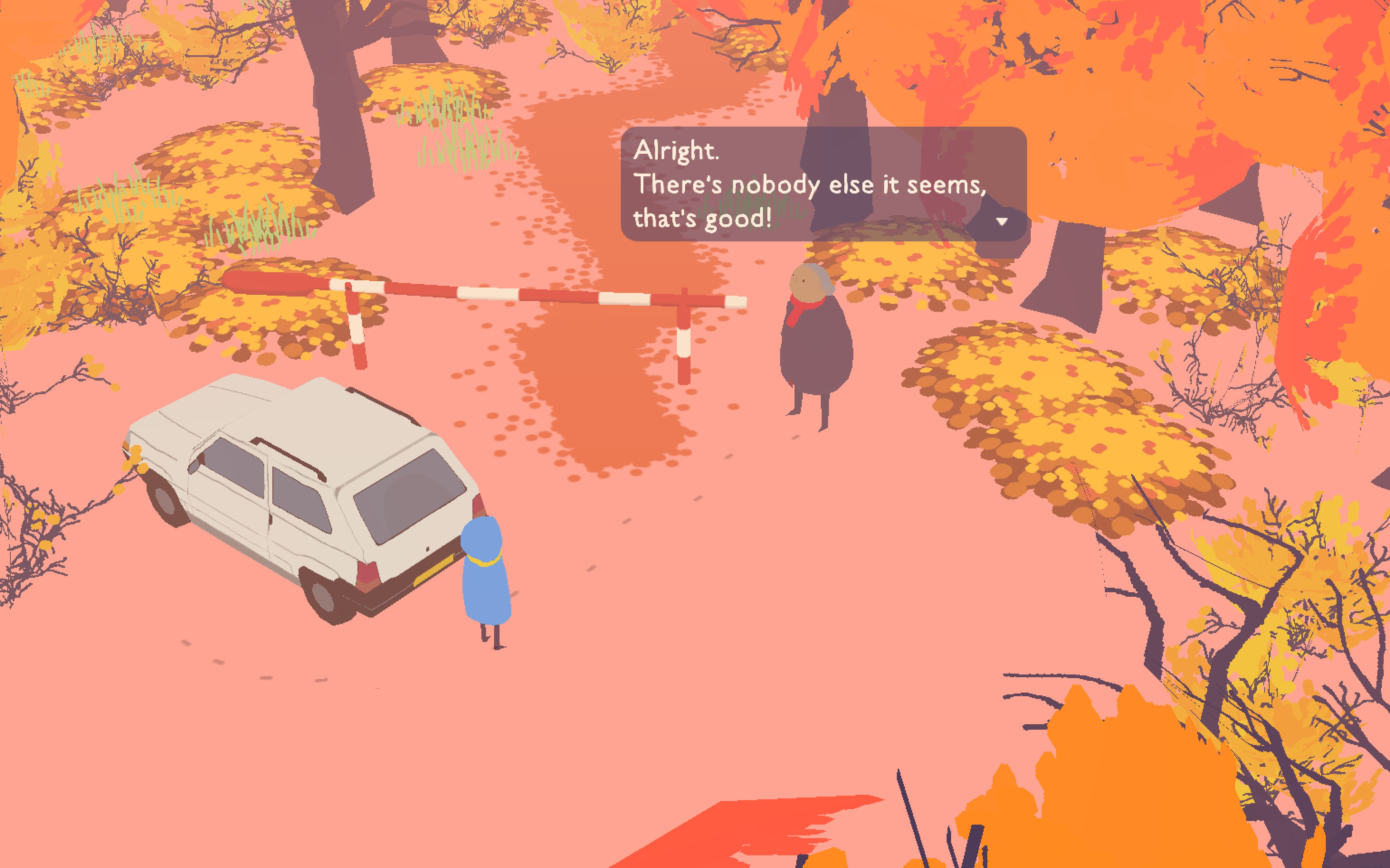 A cartoon, 3D boy and his grandmother are in a peachy, autumn forest next to a car and a bunch of trees