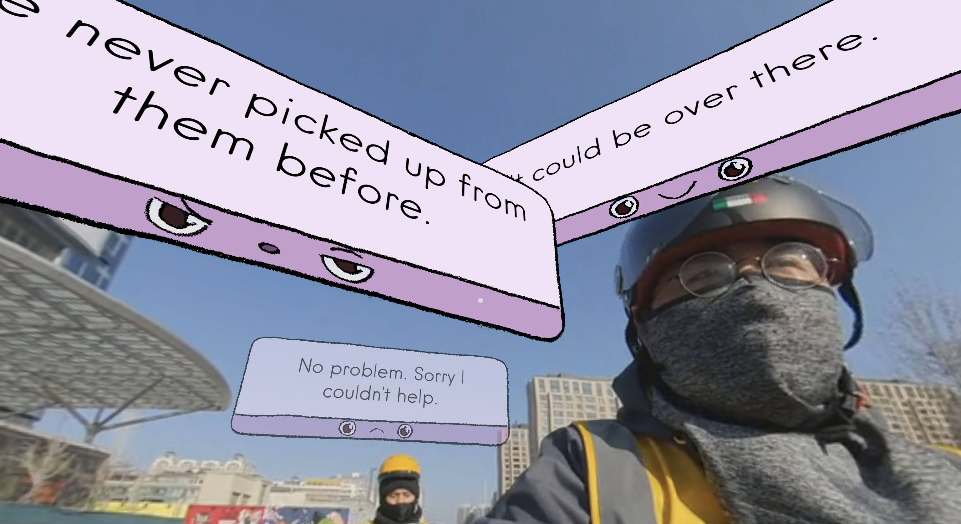 A close up shot of a masked food delivery courier with speech bubbles floating above their head over a clear blue sky