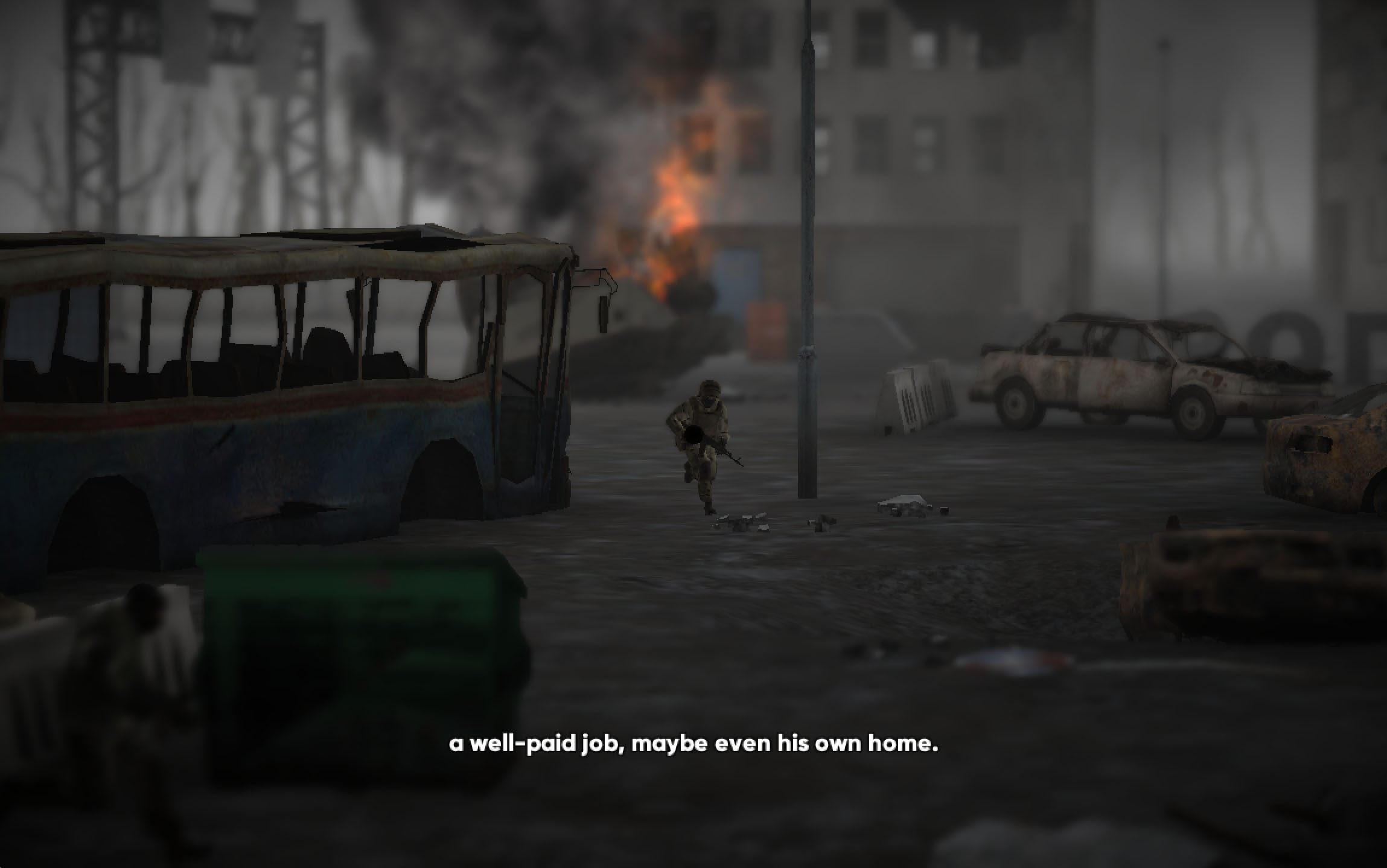 A lone soldier runs in the grey, drab, ruins of a city between a broken bus and a lamp post with a fire in the background