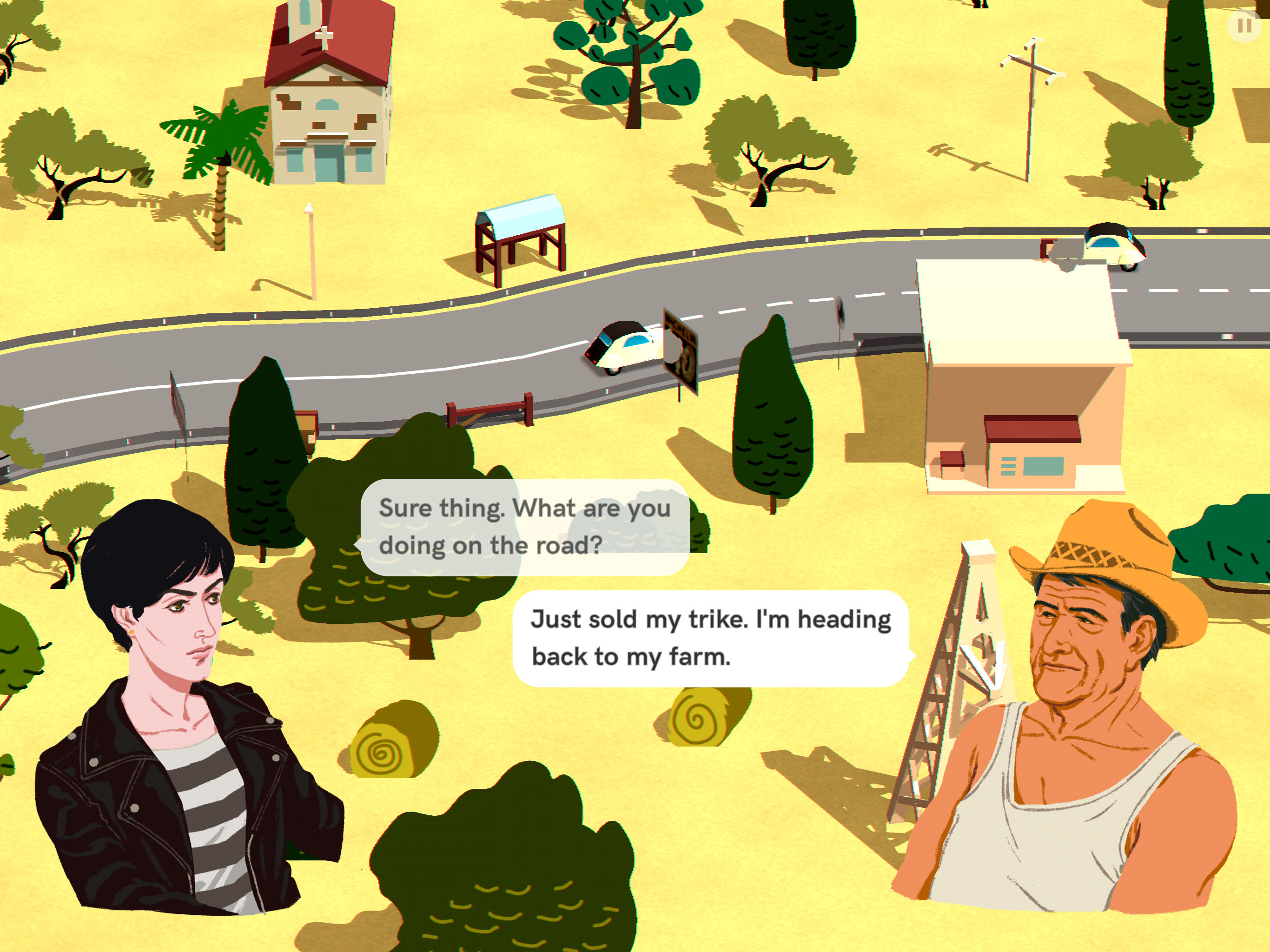 An overhead view of cars on a road with two people — one in a leather jacket, one in a straw hat — talking superimposed in front