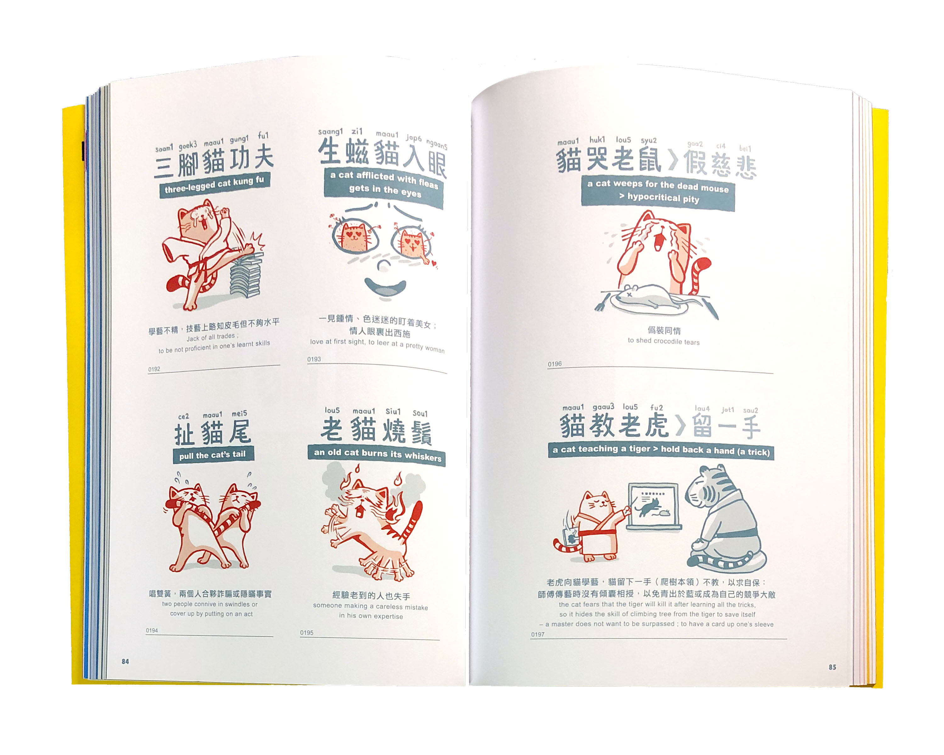 A spread from Cantonese.jpg featuring 6 illustrated and annotated entries from the cat chapter including one for "three-legged cat kung fu"