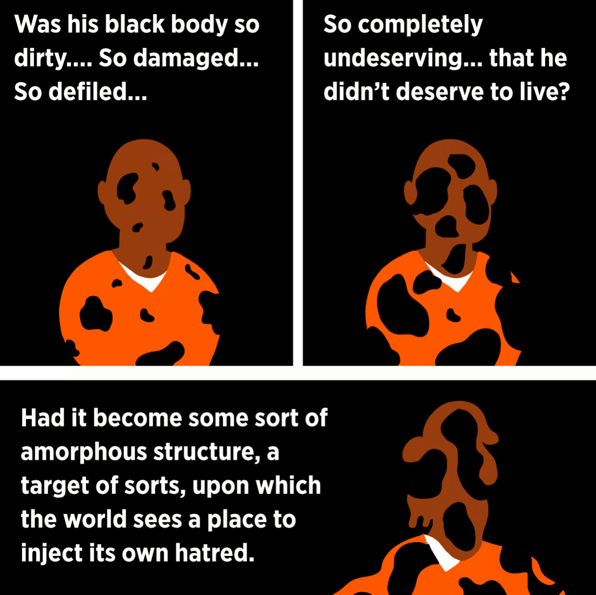 Excerpt of a comic where a brown person is disintegrating, accompanied by text narration describing a black body becoming damaged and amorphous