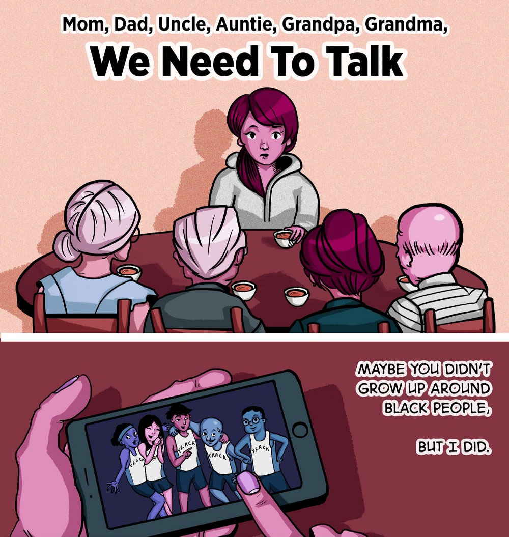 Comic excerpt of a woman sitting down at the dinner table with her family. A title across the top reads, "We Need To Talk."