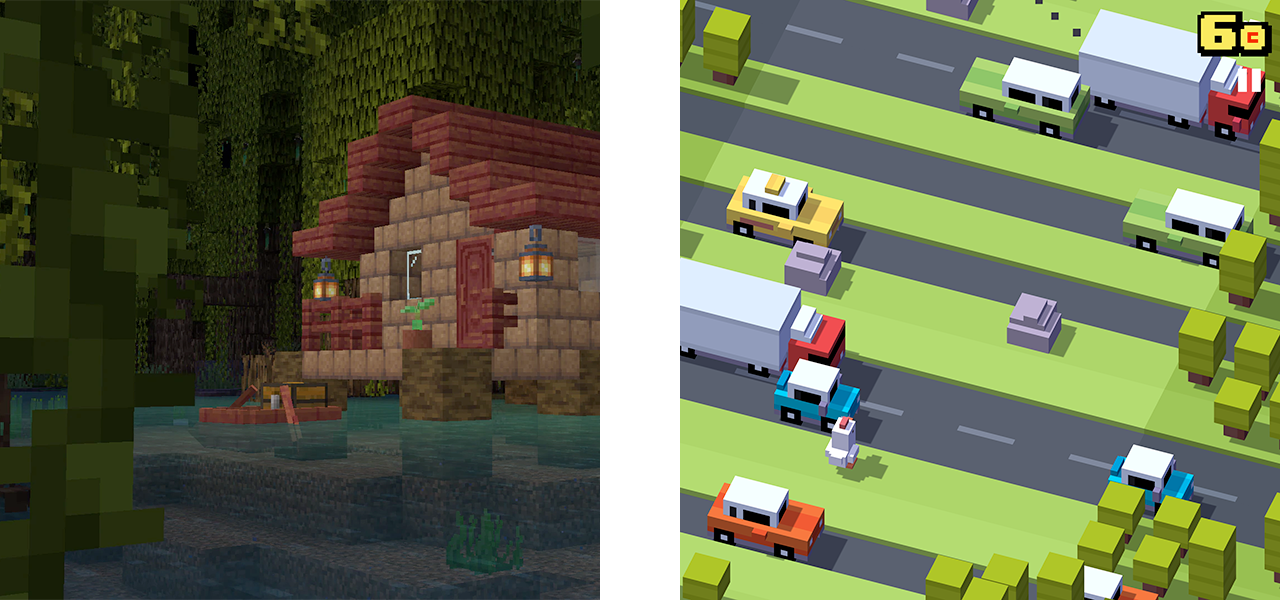 Two screenshots: the left one is of Minecraft, and the right one is of Crossy Road