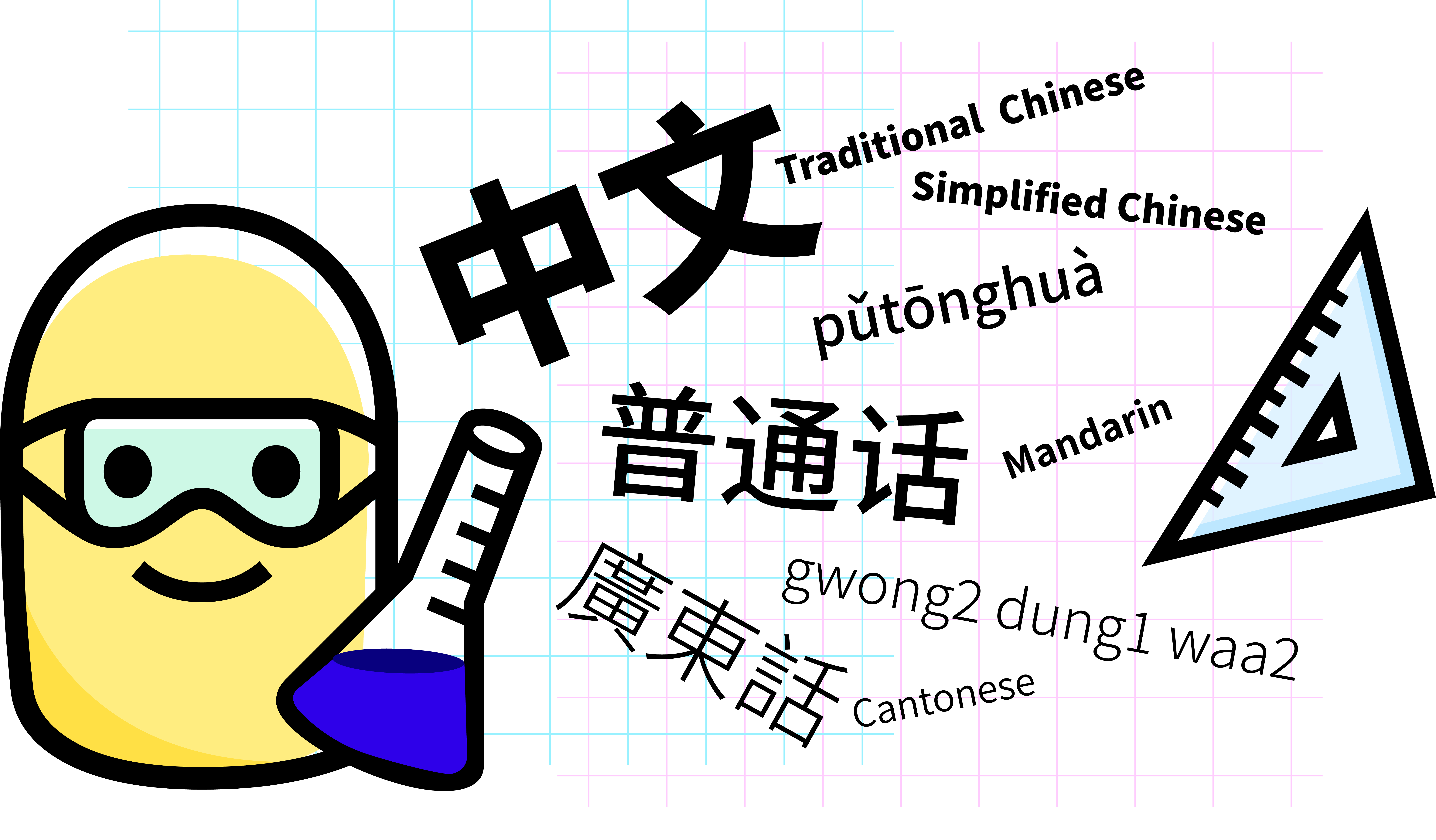 A scientist blob emoji smiling on the bottom left corner, coming out of their beaker is various Chinese words in Traditional and Simplified Chinese, Cantonese and Mandarin