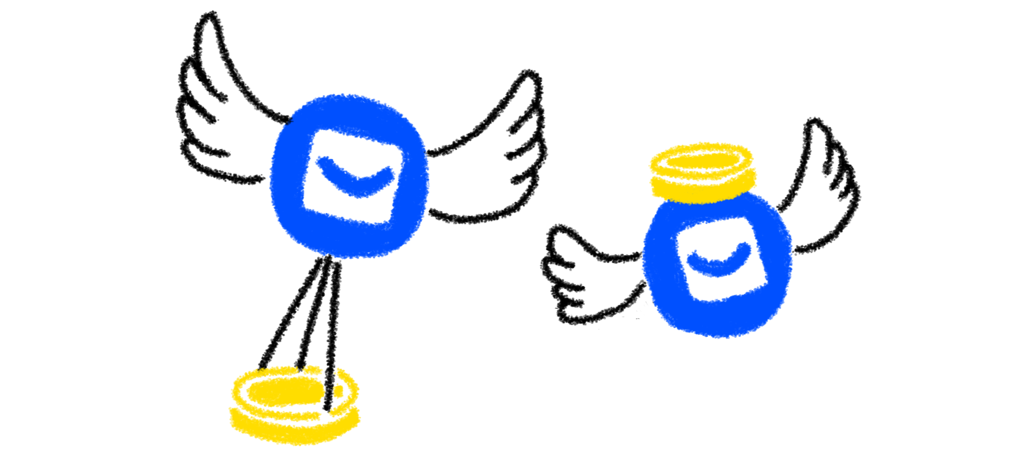 Two Buttondown logos with wings, one dragging a coin and another flying with a coin on top of its head