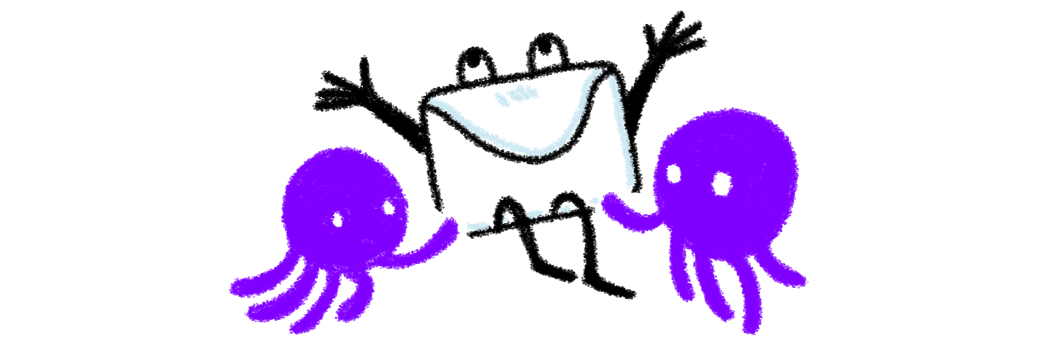 Two EmailOctopus octopuses holding up an envelope with eyes and limbs, the envelope person is happy and has their arms raised up high