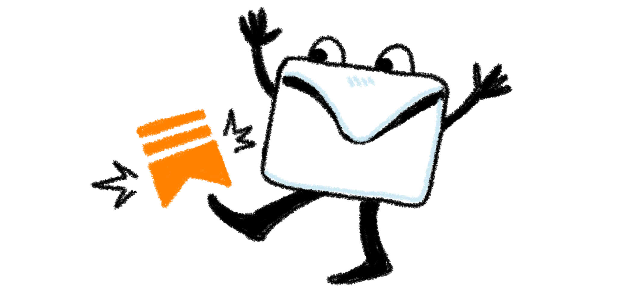 A drawing of an envelope with eyes and limbs kicking a Substack logo to the side