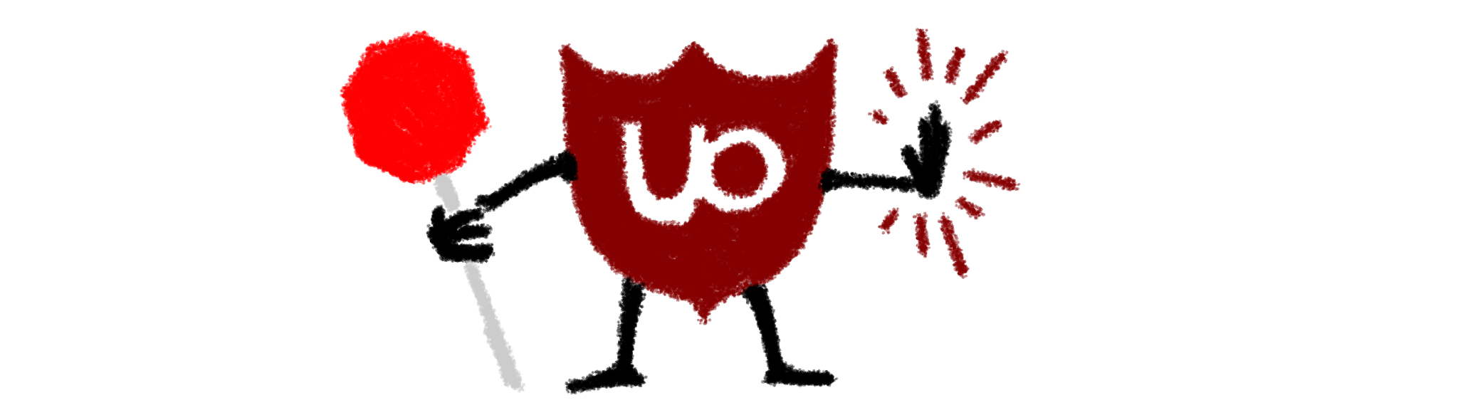 A uBlock Origin shield logo with limbs, standing, one arm is holding a stop sign, and the other is gesturing halt.