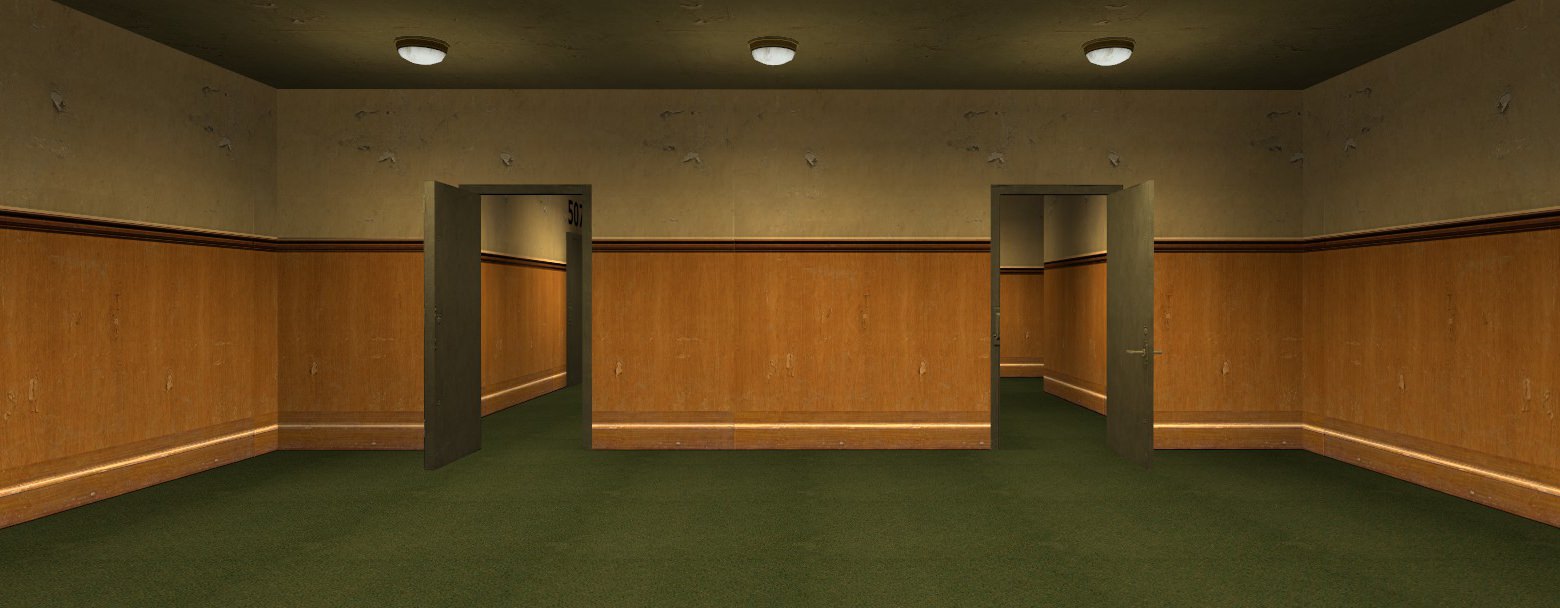 3D rendering showing a first-person view game where the player gets to choose which of the two equally non-descript doors to walk through