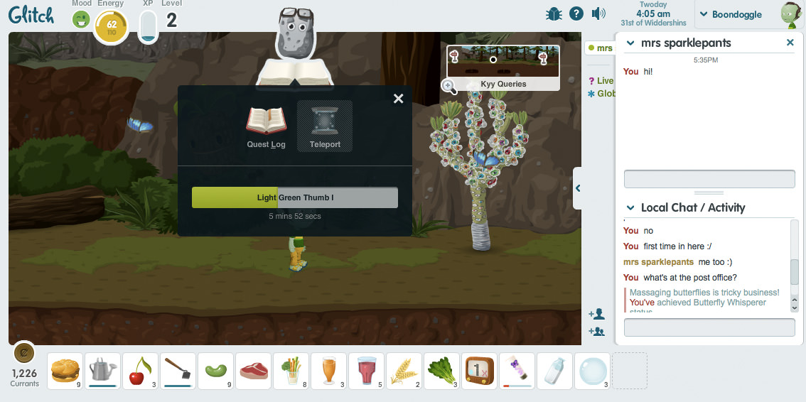Screenshot of Glitch the game with items on the bottom, chat on the right and various other UI elements on top of a 2D game screen